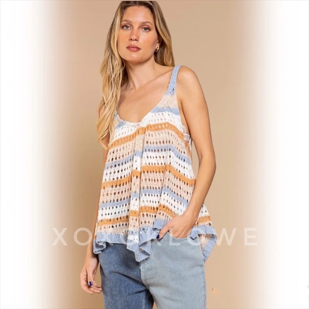 POL Blue + Orange Striped Crochet Open Knit Sleeveless Top - Picture 6 of 15
